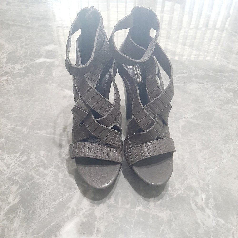 REPORT SIGNATURE Gray Leather 5.5" Bandage High Heel Stiletto Sandal Size 7.5